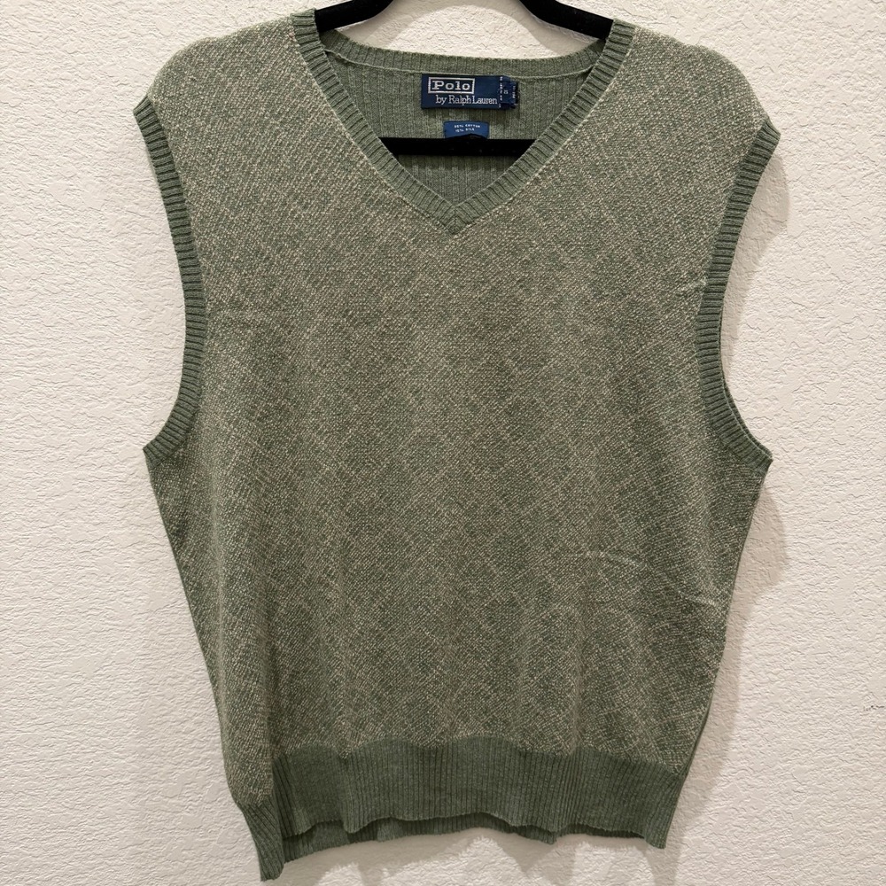 Polo Ralph Lauren Mens Medium Green Cotton Silk V-Neck Sweater Vest Ribbed Back